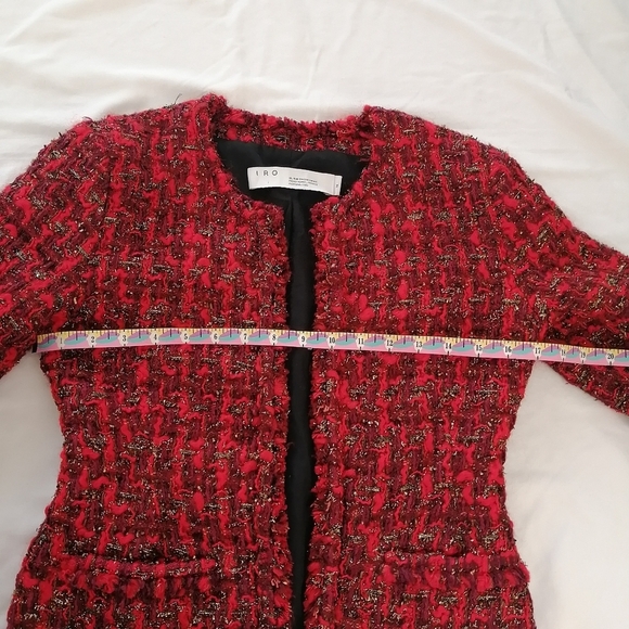 IRO Disco Frayed Metallic Bouclé-Tweed Blazer Jacket Red Wool Open Front 34 2 US - Picture 15 of 17